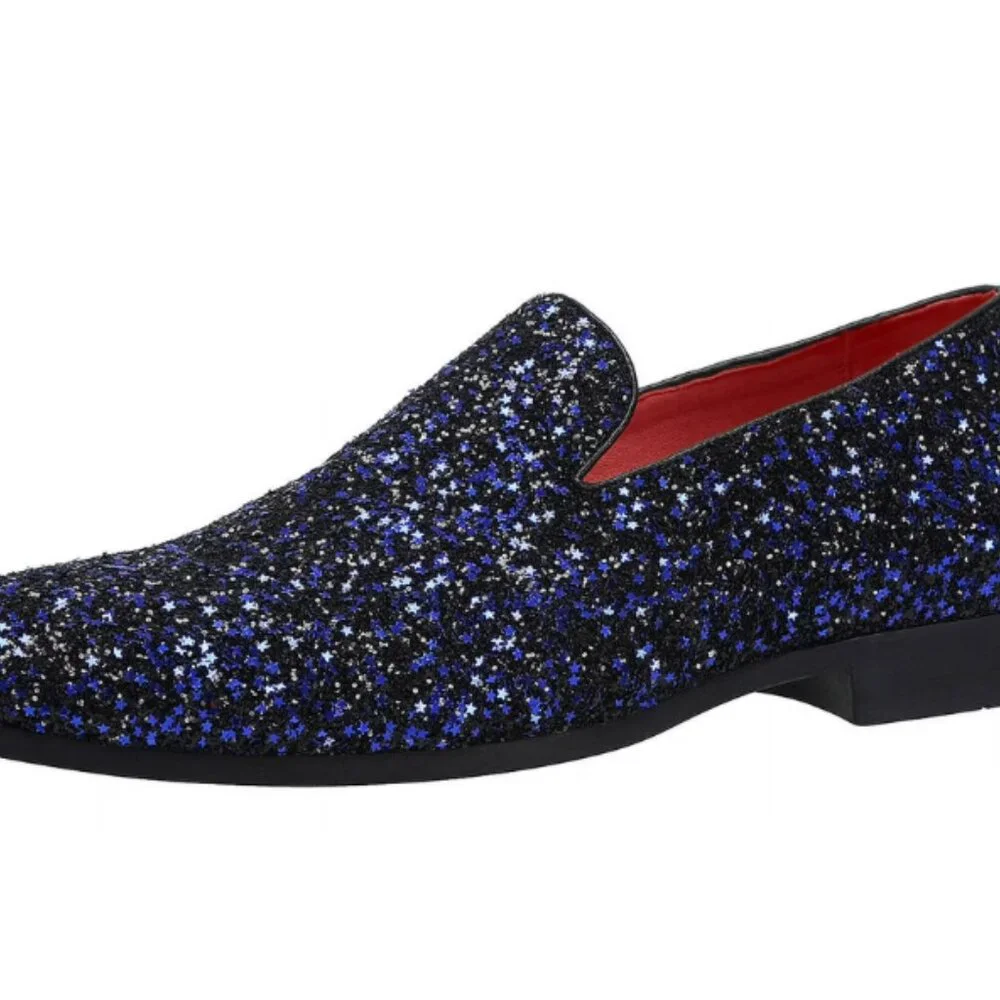 Santimon Men's US 7.5-12 Blue Sequins Glitter Smoking Loafers Casual Shoes  Plea